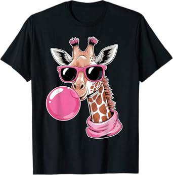 Funny Giraffe Pink Bubble Gum and Pink Sunglasses T-Shirt