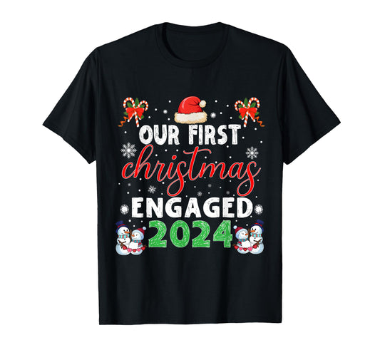 Christmas Couple tees Our First Christmas Engaged 2024 Funny Couple Xmas Pajamas T-Shirt