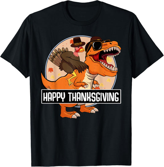Turkey Riding Dinosaur Happy Thanksgiving Day Cool T-Rex T-Shirt