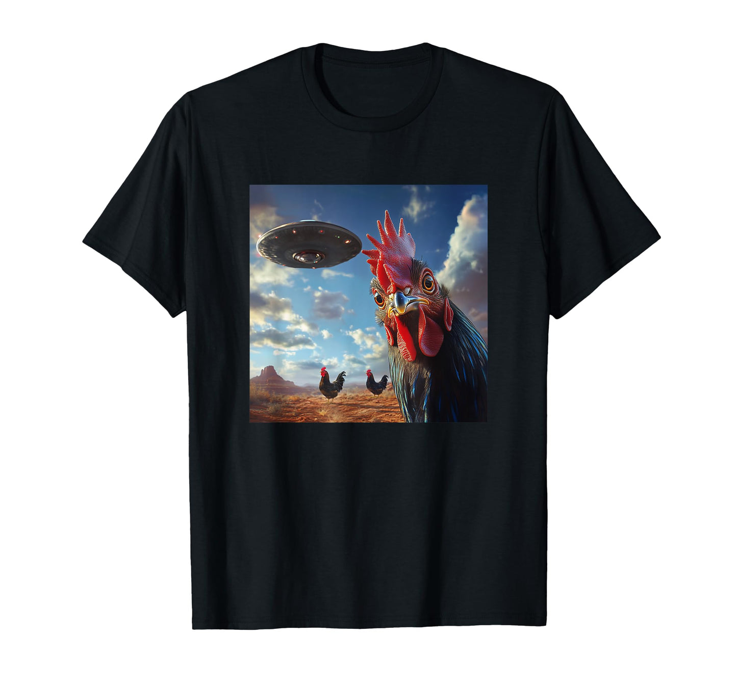 Chicken Hum Selfie with UFOs Weird Print Graphic Space Funny T-Shirt