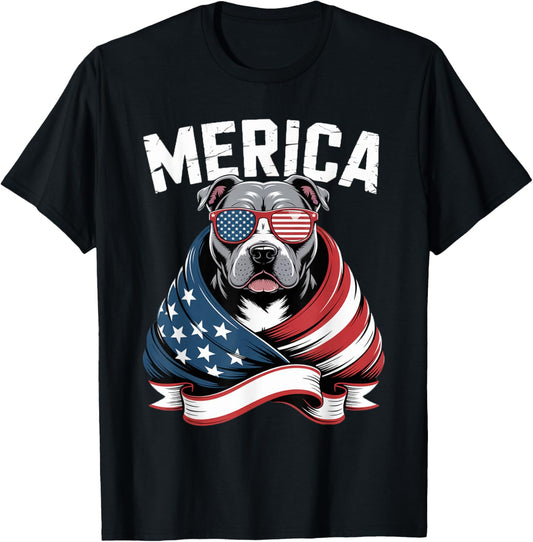 Merica Pitbull Dog Patriotic American Flag 4th Of July T-Shirt