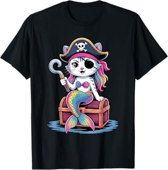 Pirate Mermaid Cat Cats Lover Kitten Pet Owner for Girls T-Shirt