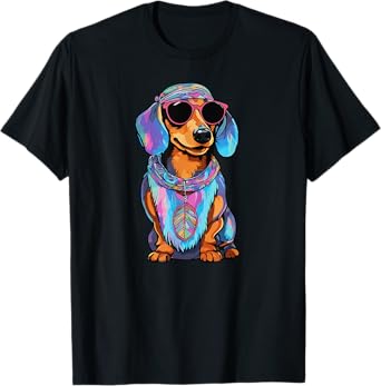 Colorful Tie Dye Hippie Dachshund Dog Wearing Sunglasses Men Women Girls Kids T-Shirt
