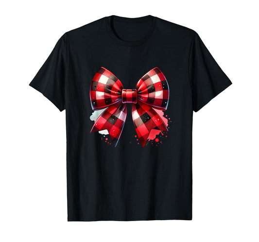 Coquette Bow Christmas Red Buffalo Plaid Xmas Womens T-Shirt