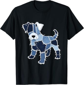 Dog Pattern Denim Patchwork Graphic T-Shirt