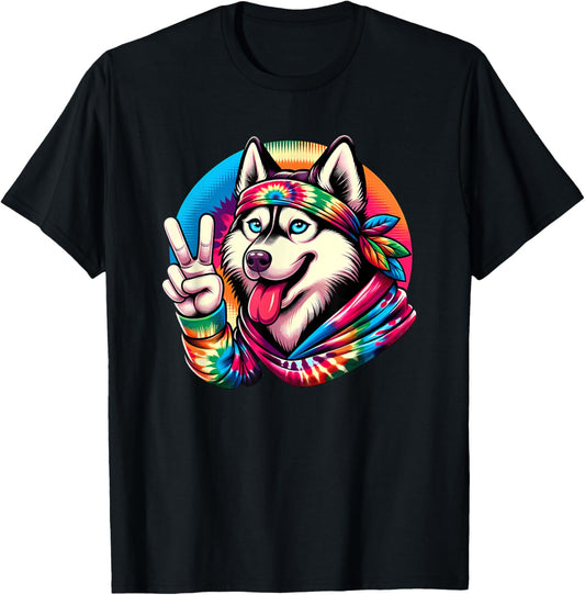 Peace Sign Tie Dye Husky dog T-Shirt