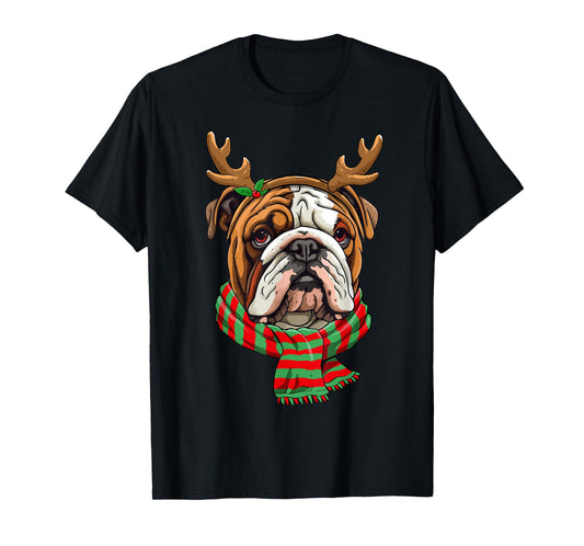 English Bulldog Dog Christmas Reindeer Santa Hat Funny Xmas T-Shirt