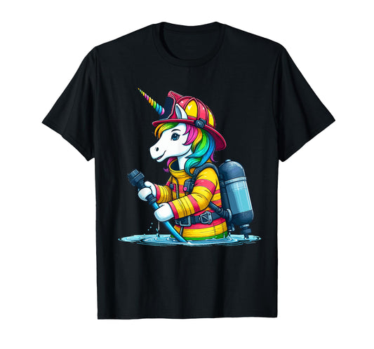 Unicorn Firefighter Fireman Birthday Party Funny Girl Love T-Shirt