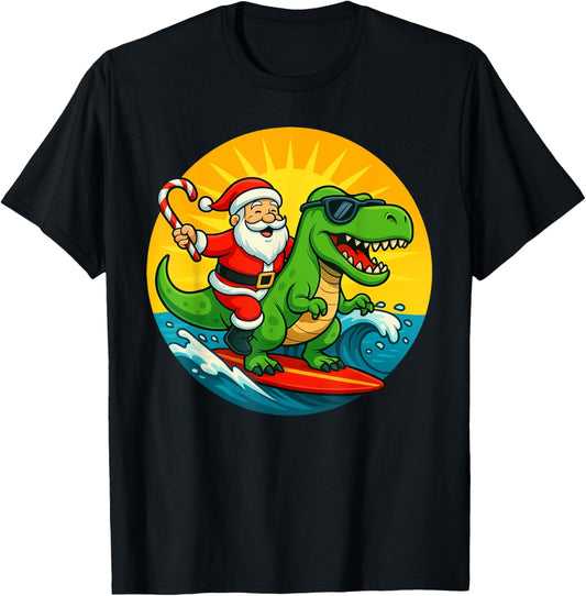 Dinosaur Surfs with Santa Kids Christmas in July Holiday T-Shirt