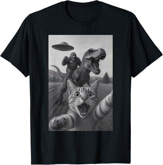 Funny Surprised Scared Cat Selfie T-Rex Dinosaur Bigfoot UFO Men Women Kids T-Shirt