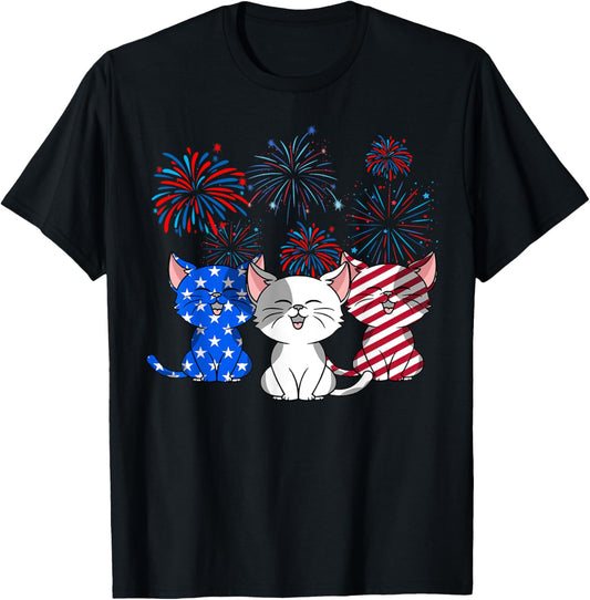 Red White Blue Cats USA Flag Firework 4th Of July Shirt T-Shirt
