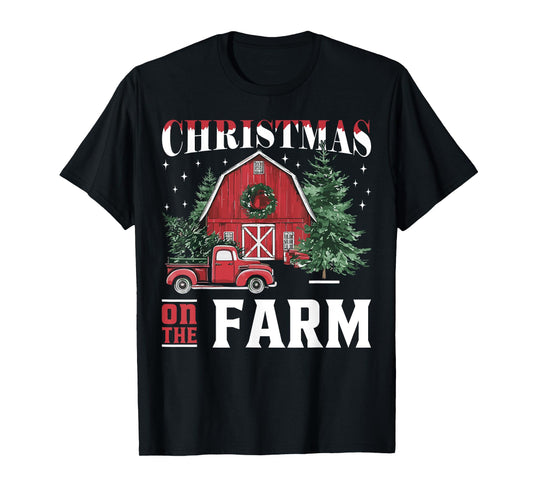 Christmas On The Farm Xmas Barn Truck Gift Cute Unisex Winter Classic Fit Black Solid Crew Neck Short Sleeve T-Shirt