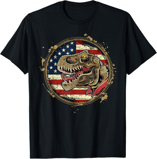Vintage Amerisaurus Rex Dinosaur 4th of July America Flag T-Shirt