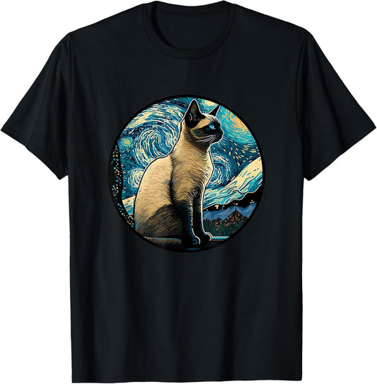 Siamese Cat in Starry Night Painting Men Women Kids T-Shirt