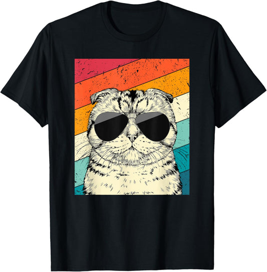 Retro Vintage Scottish Fold Cat with Sunglasses Cat Lovers T-Shirt