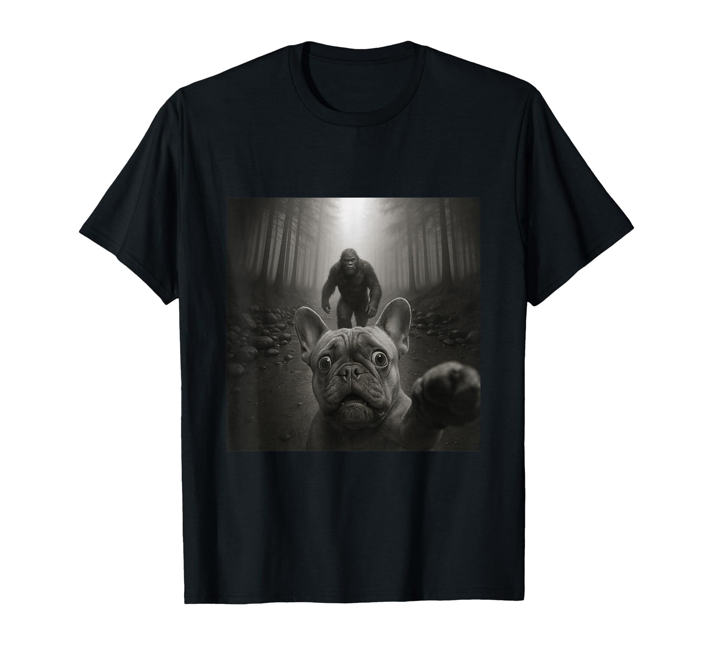 Funny Surprised Scared French Bulldog Selfie with Bigfoot T-Shirt