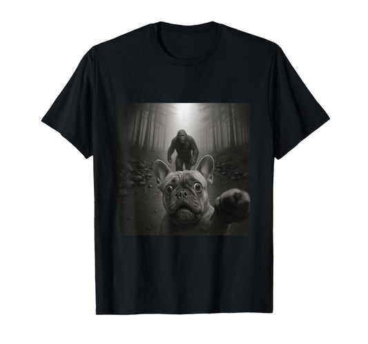Funny Surprised Scared French Bulldog Selfie with Bigfoot T-Shirt
