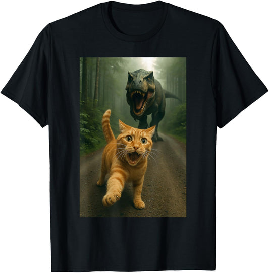 Funny Surprised Scared Cat Selfie T-Rex Dinosaur Men Women Kids T-Shirt
