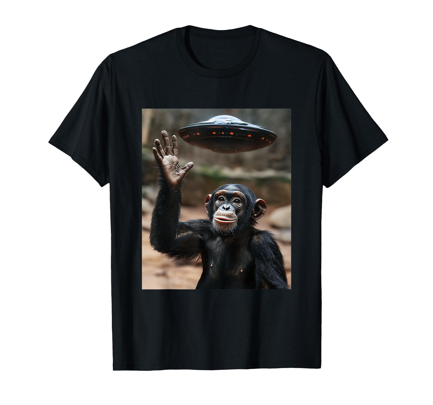 Chimpanzee Monkey Selfie with UFOs Aliens Funny Graphic T-Shirt