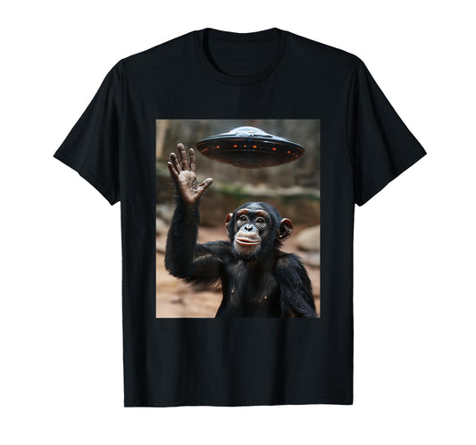 Chimpanzee Monkey Selfie with UFOs Aliens Funny Graphic T-Shirt
