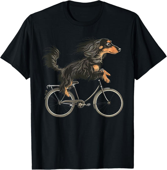 Vintage Long Haired Dachshund Riding A Bike Cycling Bicycle T-Shirt