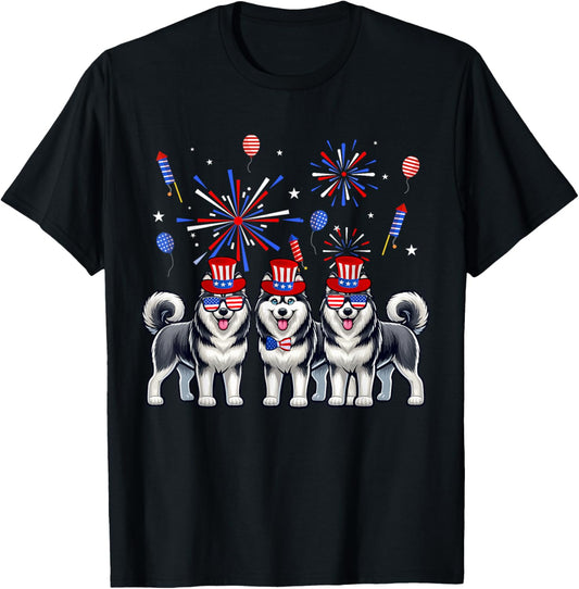 Three Cute Huskies Sunglasses American Flag 4th Of July T-Shirt