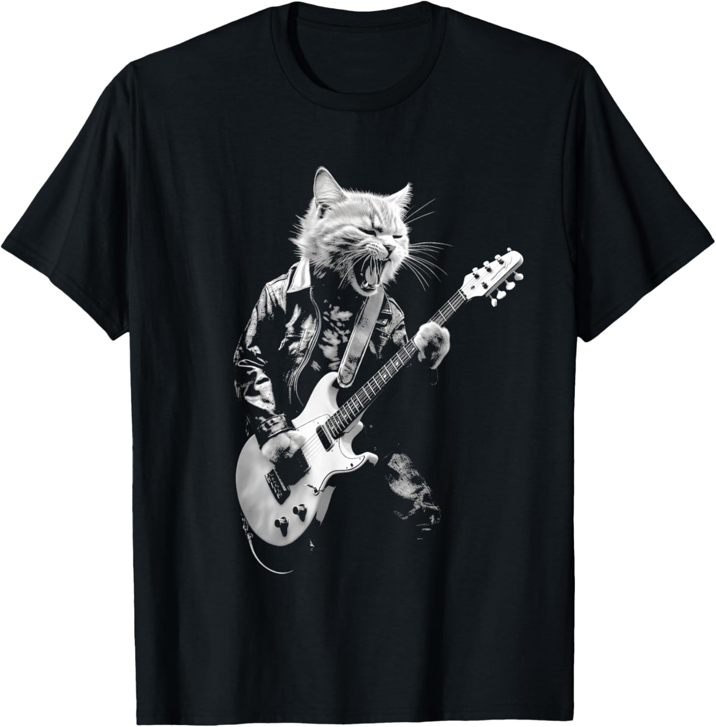 Rock Cat Playing Guitar Funny Guitar Cat Design Mens Womens T-Shirt