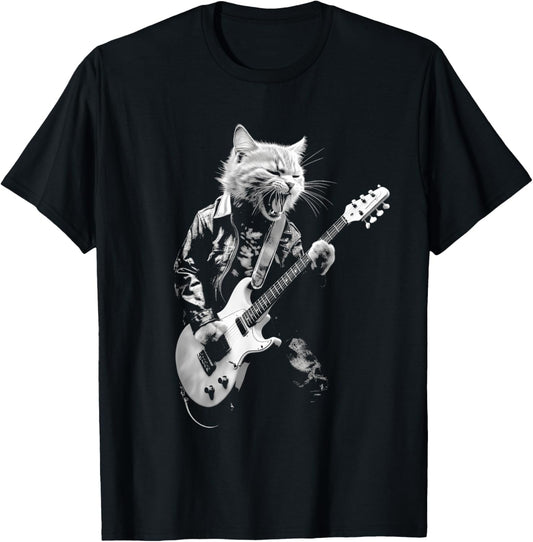 Rock Cat Playing Guitar Funny Guitar Cat Design Mens Womens T-Shirt