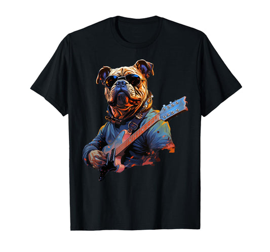 Funny Rock English Bulldog Playing Guitar T-Shirt