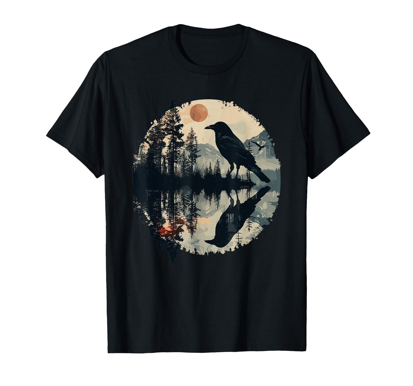 Black Raven Reflection Crow Nature Art T-Shirt