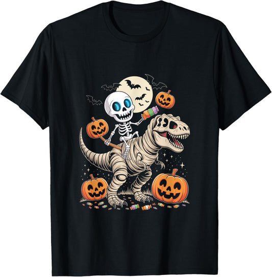 Skeleton Riding Dinosaur T Rex Halloween Trick or Roar T-Shirt