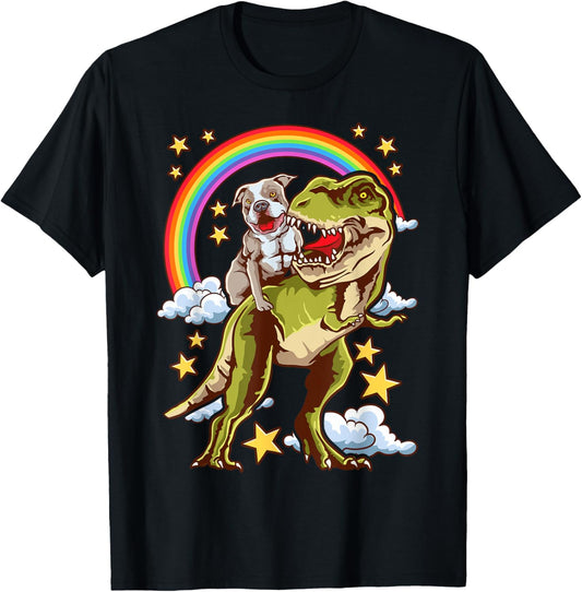 Funny Pitbull Riding A Dinosaur Rainbow illustration fun T-Shirt