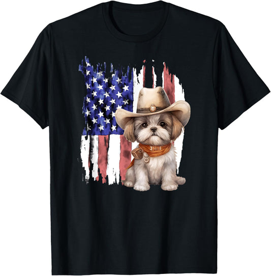 Shih Tzu Dog USA American Flag 4th of July T-Shirt