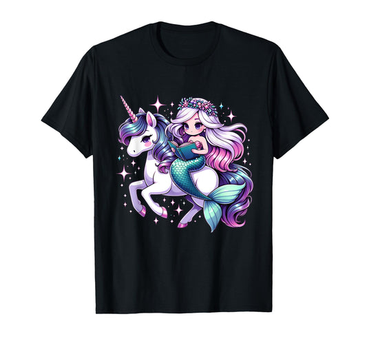 Unicorn kisses Mermaid wishes | reading books Birthday Girl T-Shirt