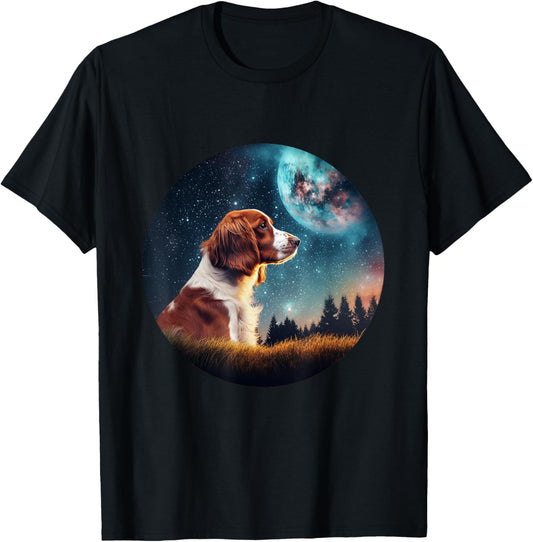 Brittany Spaniel Dog Under Space Stars Galaxy And Moon T-Shirt