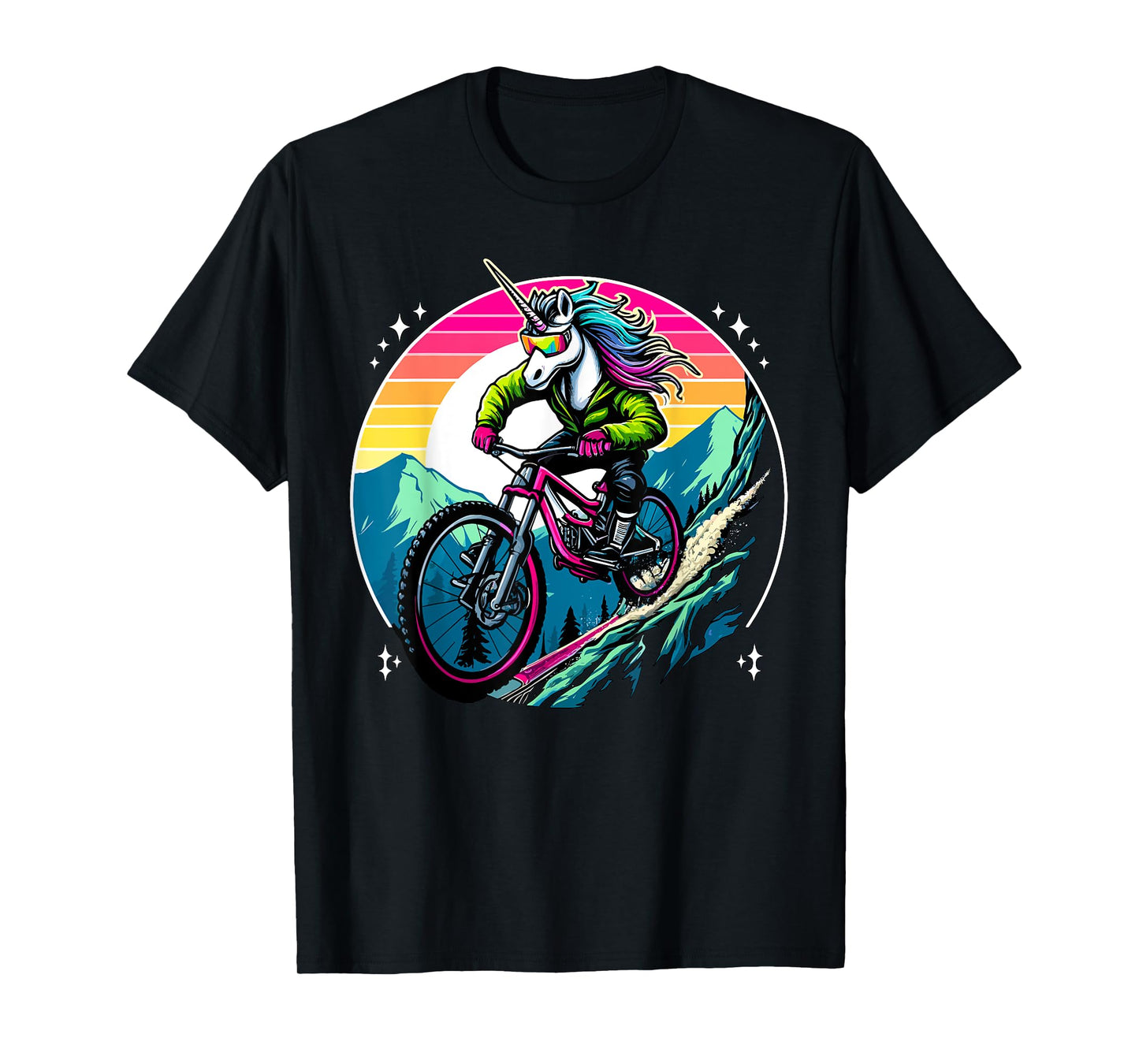 Unicorn Mountain Bike Adventure Fantasy Colorful Sunset T-Shirt