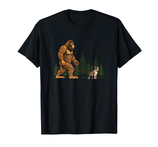 Funny Boston Terrier Bigfoot Dog Walking Dog Mom Dad Kids T-Shirt