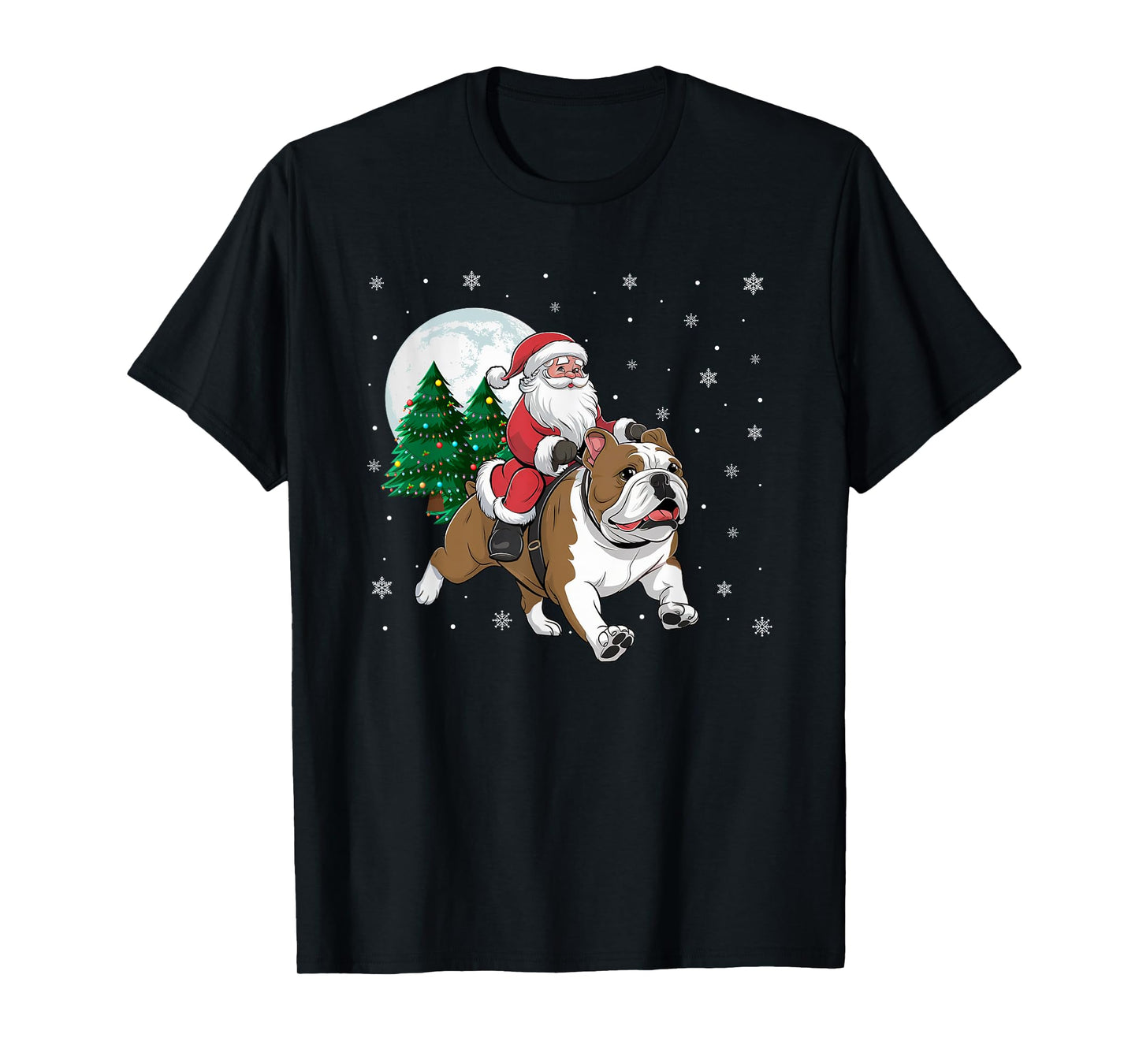 Santa Claus Riding English Bulldog Christmas Tree Lights T-Shirt for Men Women Kids