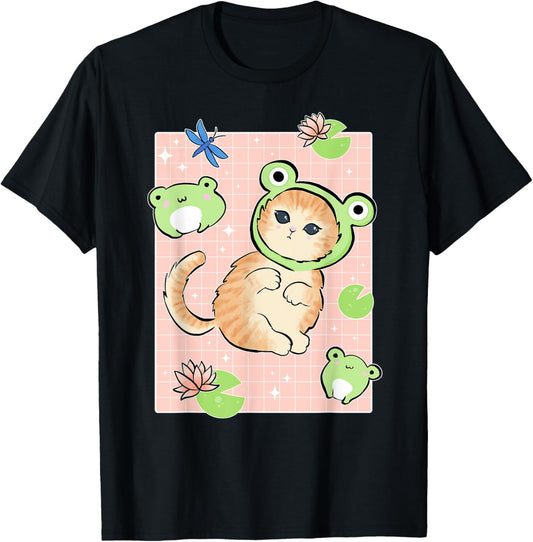 Kawaii Frog & Cat Frog Hat Retro 90s Cottagecore T-Shirt