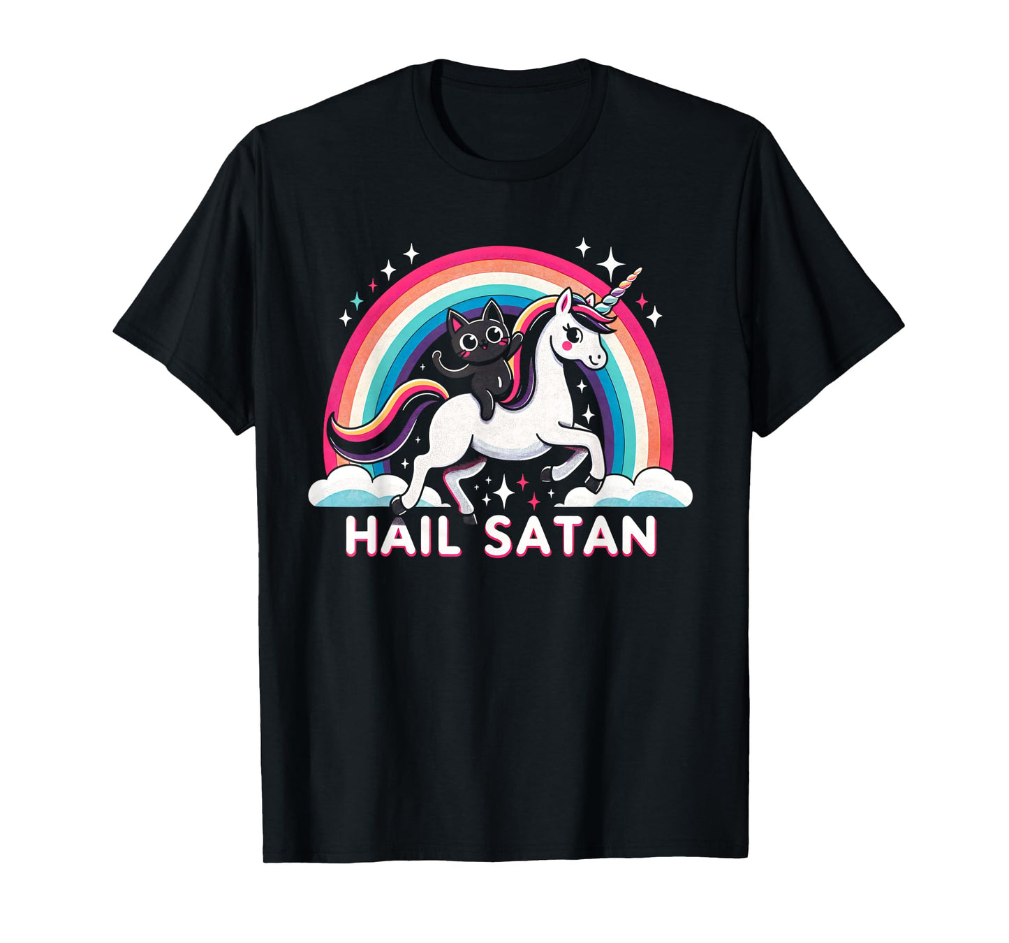 Cute Satanic Cat Riding A Unicorn Over A Rainbow Hail Satan Men Women Kids T-Shirt