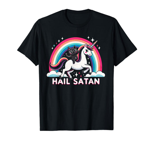 Cute Satanic Cat Riding A Unicorn Over A Rainbow Hail Satan Men Women Kids T-Shirt