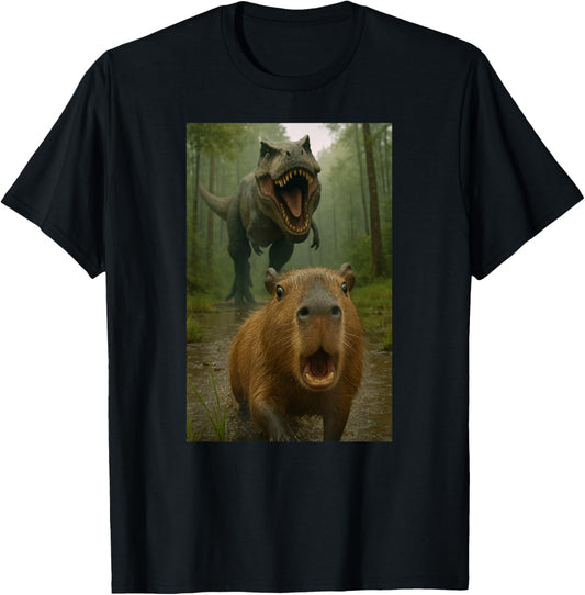 Funny Capybara Dinosaur Trex Selfie Animal Lover Boys Girls T-Shirt