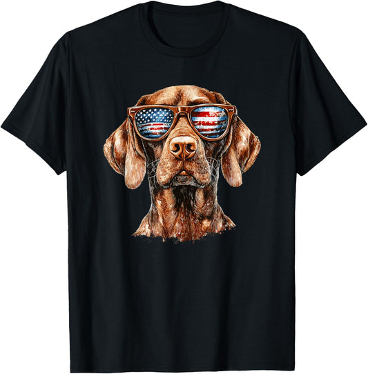 Patriotic Vizsla USA Flag Sunglasses Dog Lover 4th Of July T-Shirt