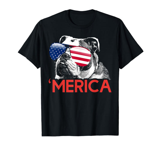Merica Bulldog American Flag 4th of July T-Shirt
