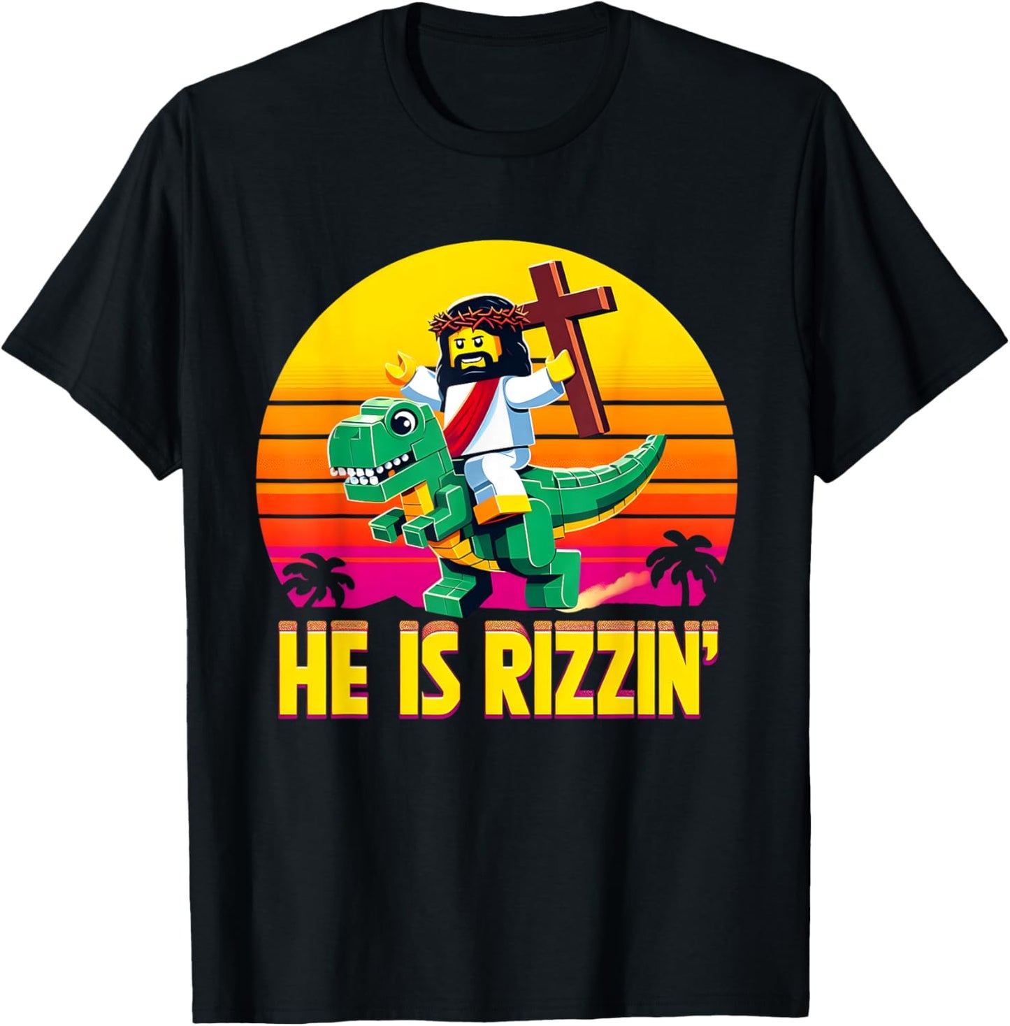 He Is Rizzen Jesus Has Rizzen Retro Christian Pixel Dinosaur T-Shirt