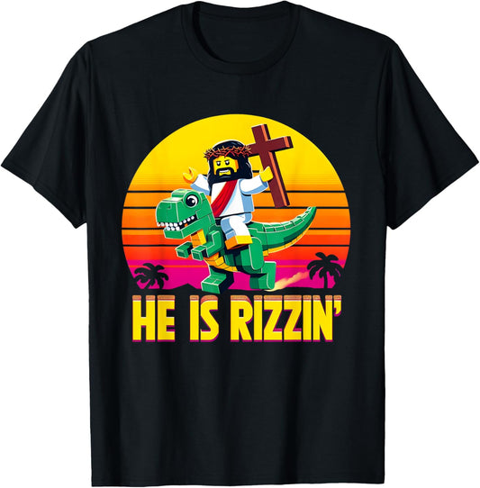 He Is Rizzen Jesus Has Rizzen Retro Christian Pixel Dinosaur T-Shirt