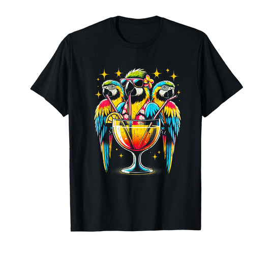 Parrots Drinking Margarita Tropical Birds Vacation Hawaiian T-Shirt