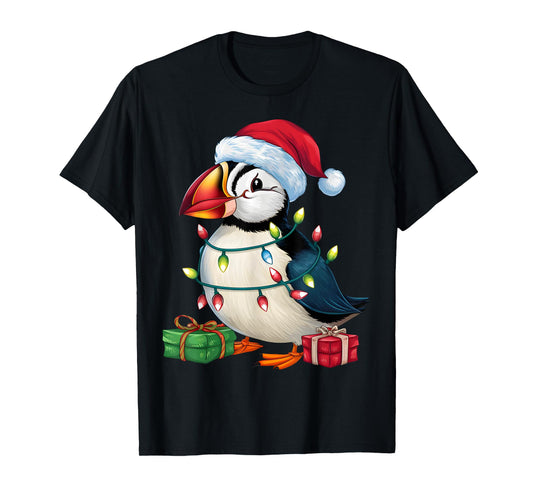 Puffin Bird Lover Xmas Lighting Santa Hat Puffin Christmas T-Shirt