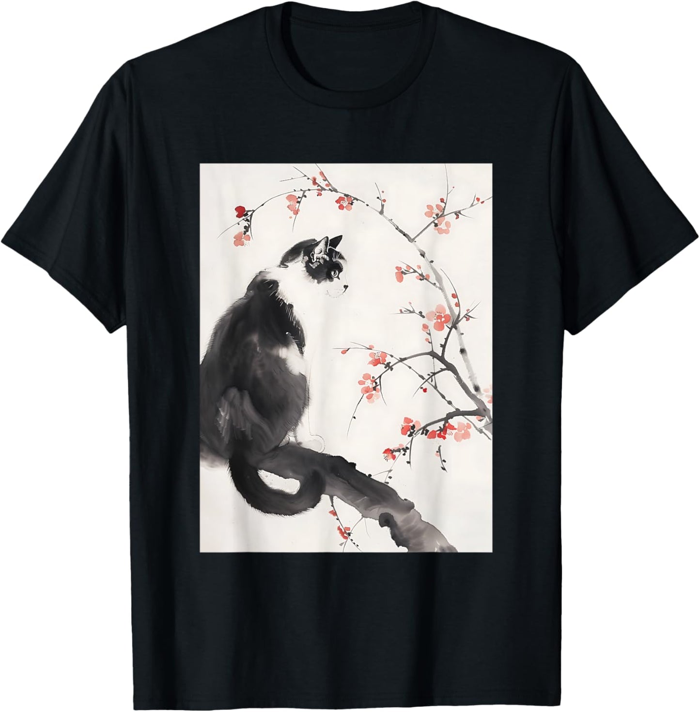 Cherry Blossom Cat Japanese Graphical Art Ink style T-Shirt