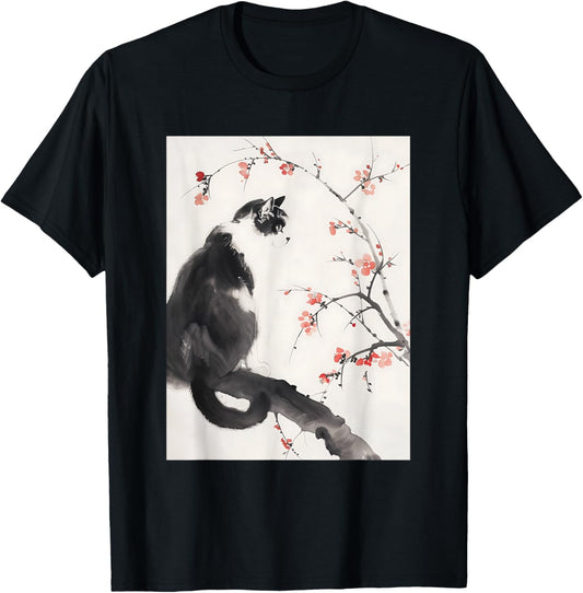 Cherry Blossom Cat Japanese Graphical Art Ink style T-Shirt